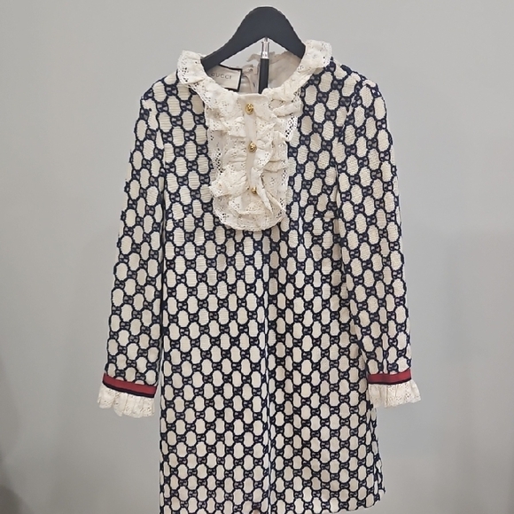 Gucci Dresses & Skirts - Gucci Cream & Navy Monogram Lace-Front Dress Coat with Red Trim